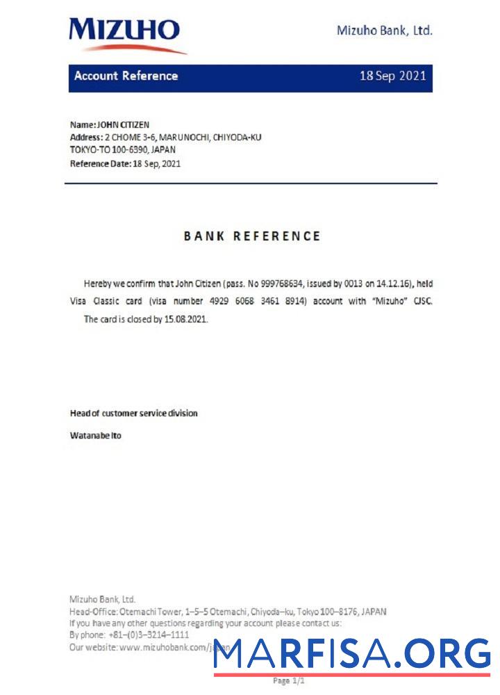 Printable Japan Mizuho closure reference example